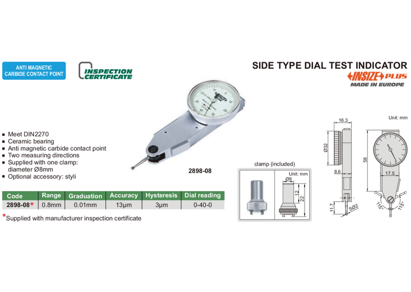 SIDE TYPE DIAL TEST INDICATOR | 0.8mm |  INSIZE 2898-08