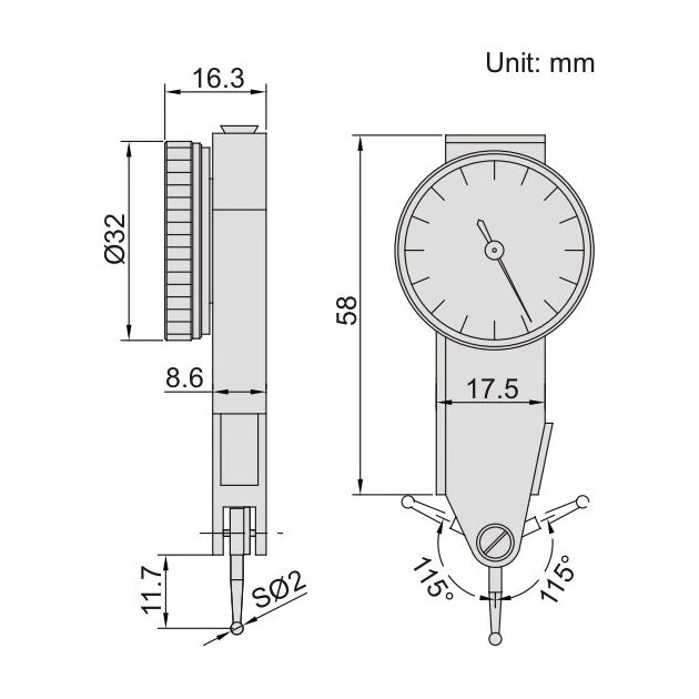 SIDE TYPE DIAL TEST INDICATOR | 0.8mm |  INSIZE 2898-08