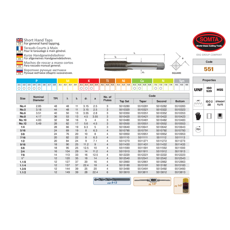 Somta Series 551 - HSS Short Hand Tap No.4 UNF Taper