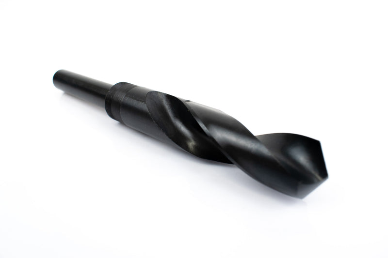 Angled view of a 3/4" HSS reduced shank drill bit, focusing on the sharp drill point and shank