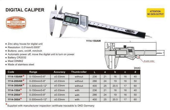 DIGITAL CALIPER - INSIZE 1114-150A 0-150mm / 0-6"