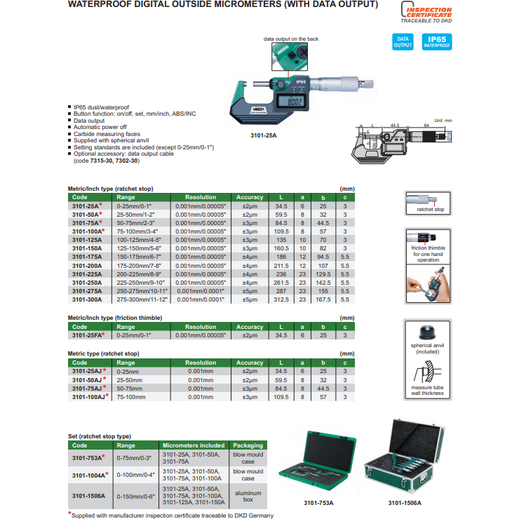 DIGITAL OUTSIDE MICROMETER 200-225MM/8-9" - 3101-225A