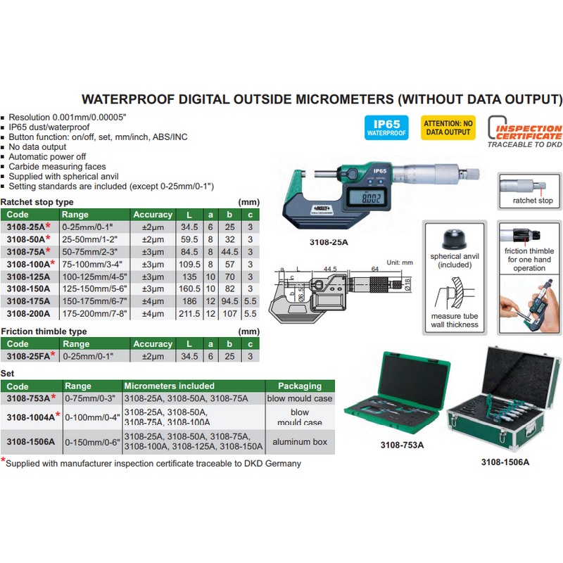 DIGITAL OUTSIDE MICROMETER 150-175MM - 3108-175A