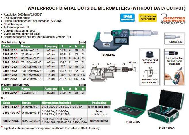 DIGITAL OUTSIDE MICROMETER - INSIZE 3108-150A 125- 150mm / 5"-6"