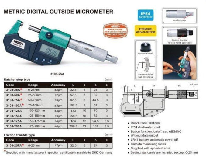 DIGITAL OUTSIDE MICROMETER - INSIZE 3108-125A 100-125mm / 4"-5"