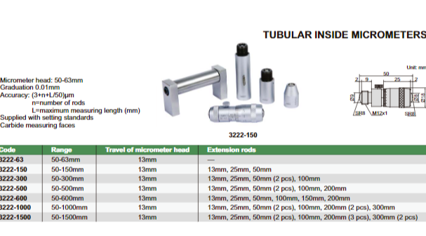 TUBULAR INSIDE MICROMETER - INSIZE 3222-600 50-600mm