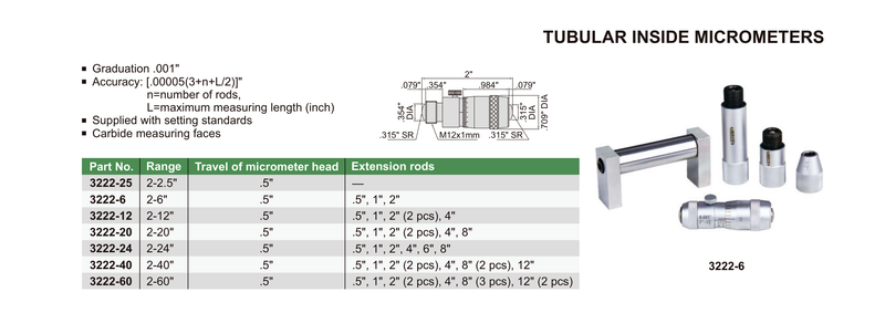 TUBULAR INSIDE MICROMETER - Insize 3222-12 2-12"