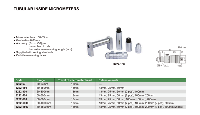TUBULAR INSIDE MICROMETER - INSIZE 3222-1500 50-1500mm
