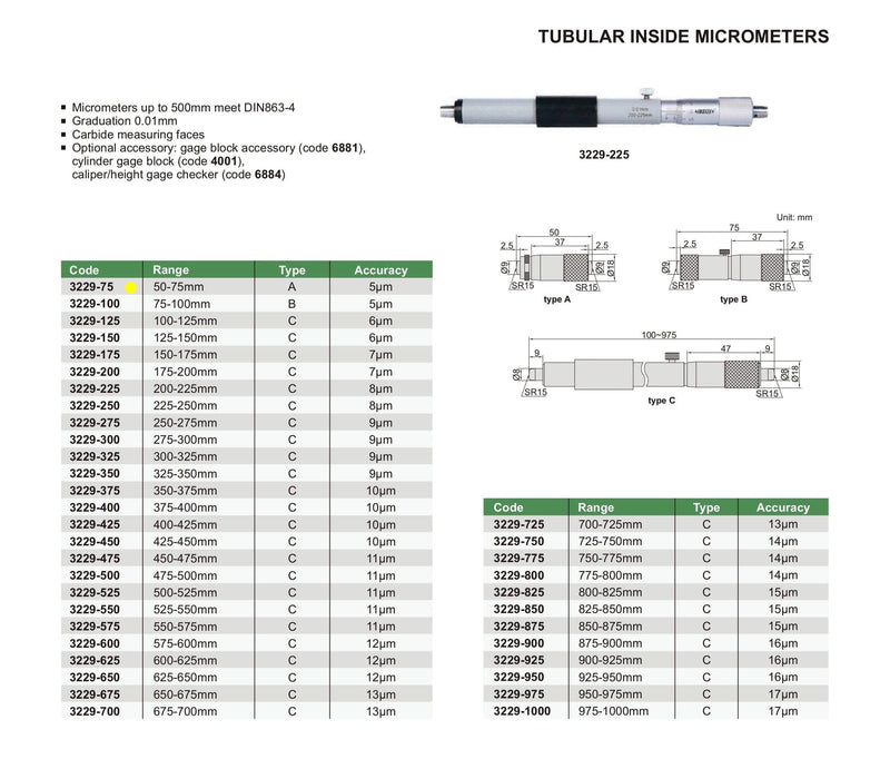 TUBULAR INSIDE MICROMETER - INSIZE 3229-75 50-75mm