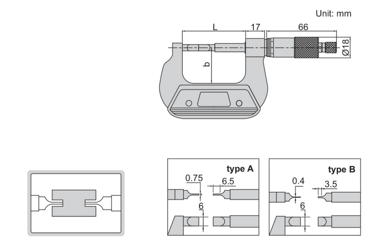 Technical drawing of the INSIZE 3232-125BA micrometer, detailing its dimensions, features, and specifications for precise measurements."

This alt text focuses on the technical aspect of the drawing, emphasizing the detailed nature of the diagram and its relevance to the micrometer's specifications.