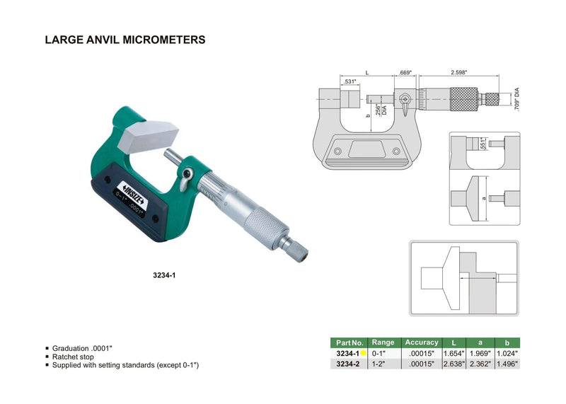 LARGE ANVIL MICROMETER - INSIZE 3234-1 0-1"