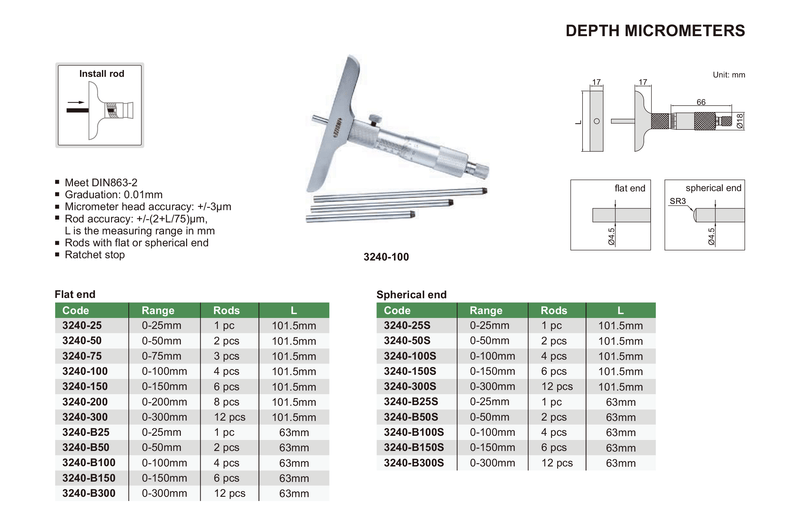 DEPTH MICROMETER - INSIZE 3240-75 0-75mm