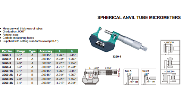 SPHERICAL ANVIL TUBE MICROMETER 3-4"