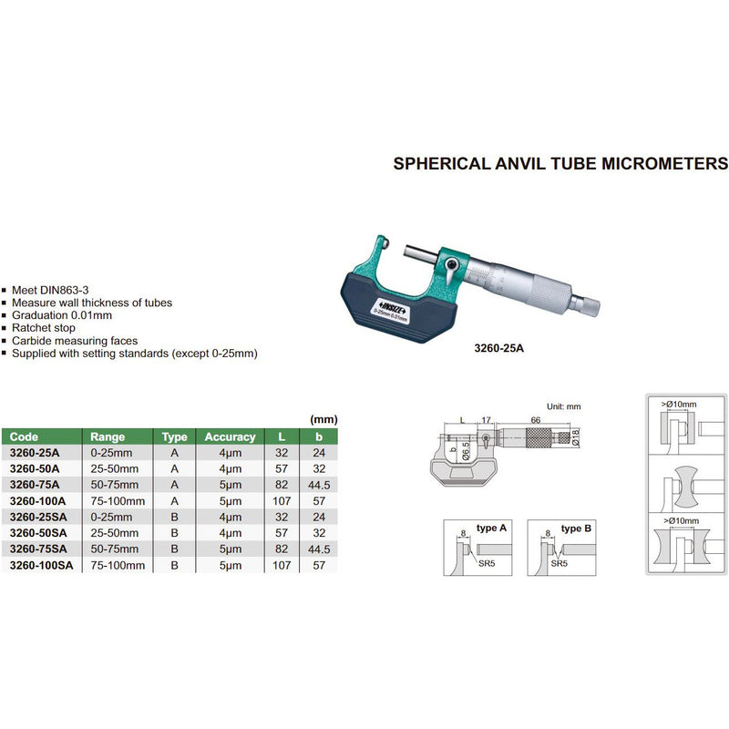 SPHERICAL ANVIL TUBE MICROMETER - INSIZE 3260-75SA 50-75mm