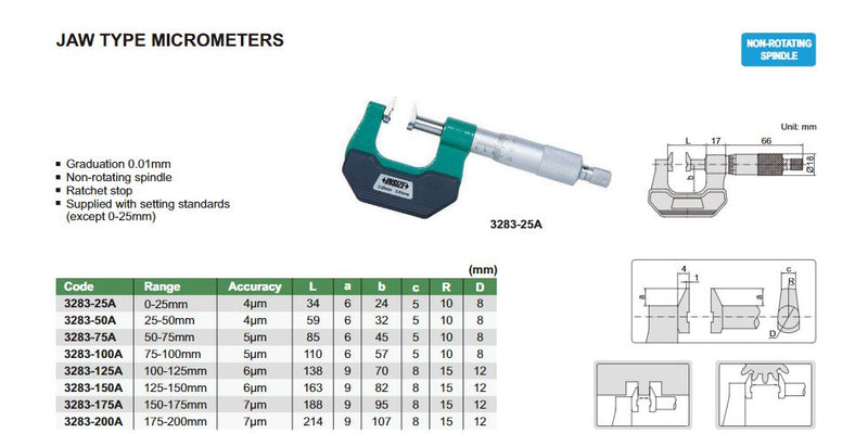 JAW TYPE MICROMETER - INSIZE 3283-25A 0-25mm