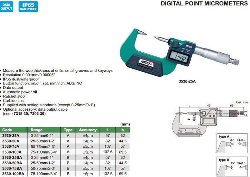 DIGITAL POINT MICROMETER - INSIZE 3530-50A 25-50mm / 1-2"