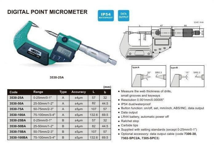 DIGITAL POINT MICROMETER - INSIZE 3530-50BA 25-50mm / 1-2"