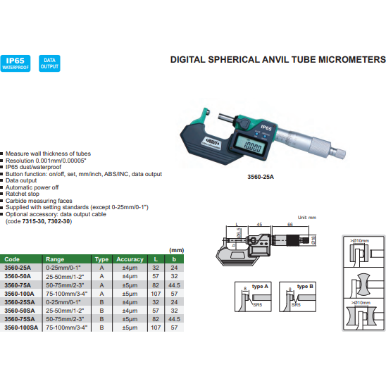 DIGITAL SPHERICAL ANVIL TUBE MICROMETER - INSIZE 3560-25SA 0-25mm / 0-1"