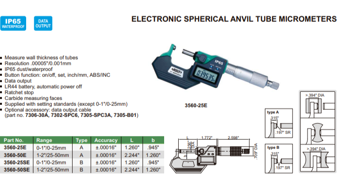 DIGITAL SPHERICAL ANVIL TUBE MICROMETER 1-2" - 3560-50SE