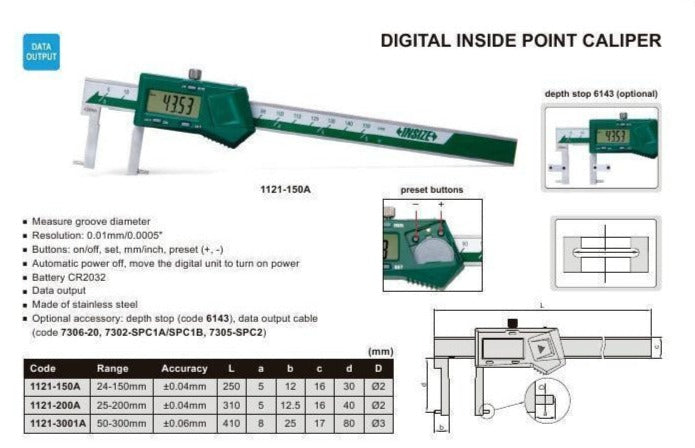 DIGITAL INSIDE POINT CALIPER - INSIZE 1121-200A 25-200mm