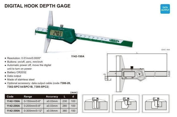 DIGITAL HOOK DEPTH GAUGE - INSIZE 1142-200A 0-200mm / 0-8"