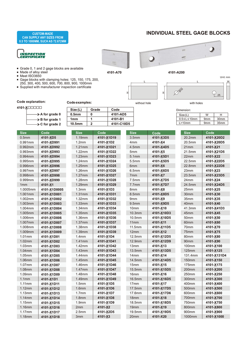 Insize product catalog page displaying the 100mm 4101-A100 gauge block, offering solutions for accurate length measurements