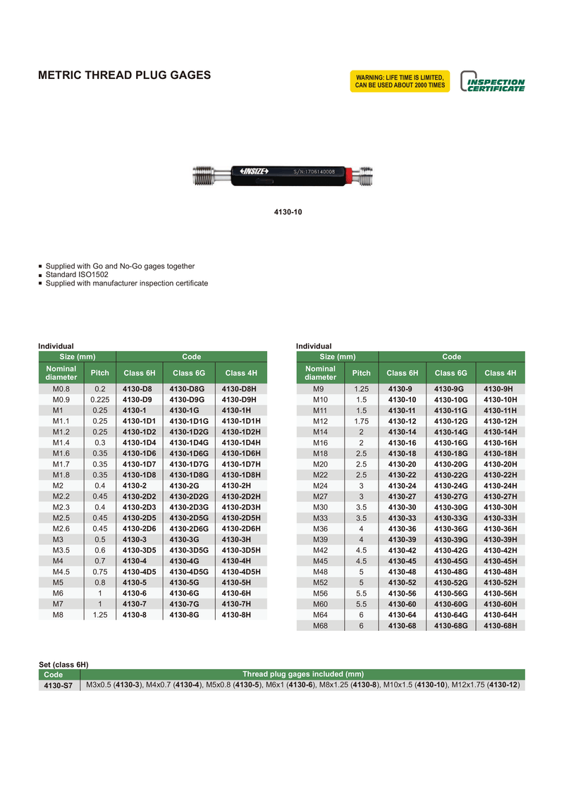 Insize catalog sheet for the 4130-10 Class 6H Thread Plug Gauge, detailing specifications, features, and technical information for verifying internal thread dimensions and ensuring precision in manufacturing and quality control.