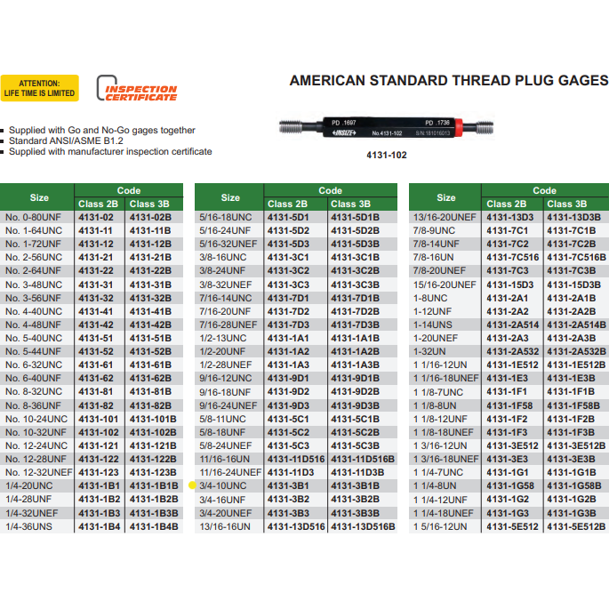 3/4"-10 UNC THREAD PLUG GAUGE - 4131-3B1