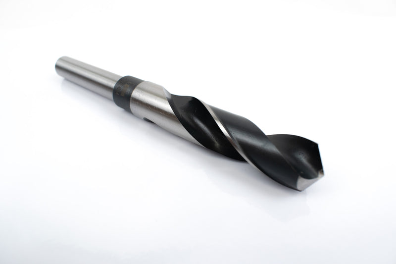 Angled view of a 43/64" HSS reduced shank drill bit, focusing on the sharp drill point and shank.