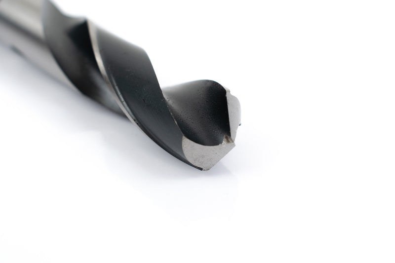 Close-up of the drill point on a 43/64" HSS reduced shank drill bit, showcasing its precision tip.