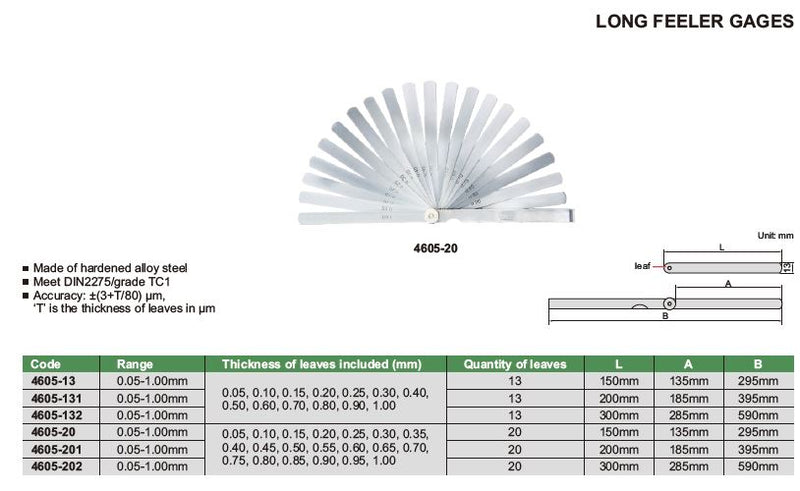 LONG FEELER GAUGE - INSIZE 4605-202 0.05-1mm
