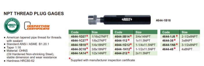 NPT THREAD PLUG GAUGE - INSIZE 4644-1B18 1/4"