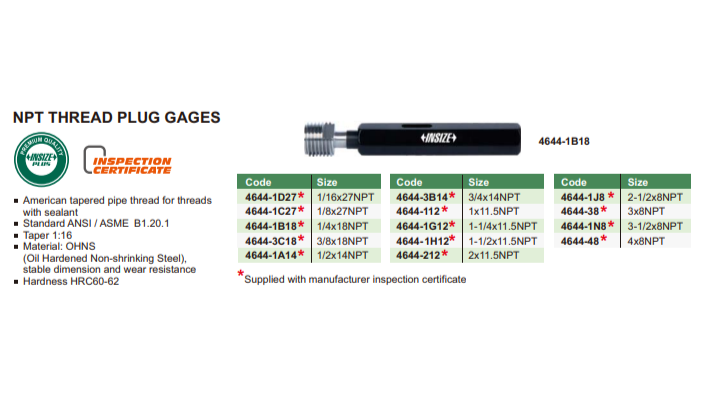 NPT THREAD PLUG GAUGE 3/4" - 4644-3B14