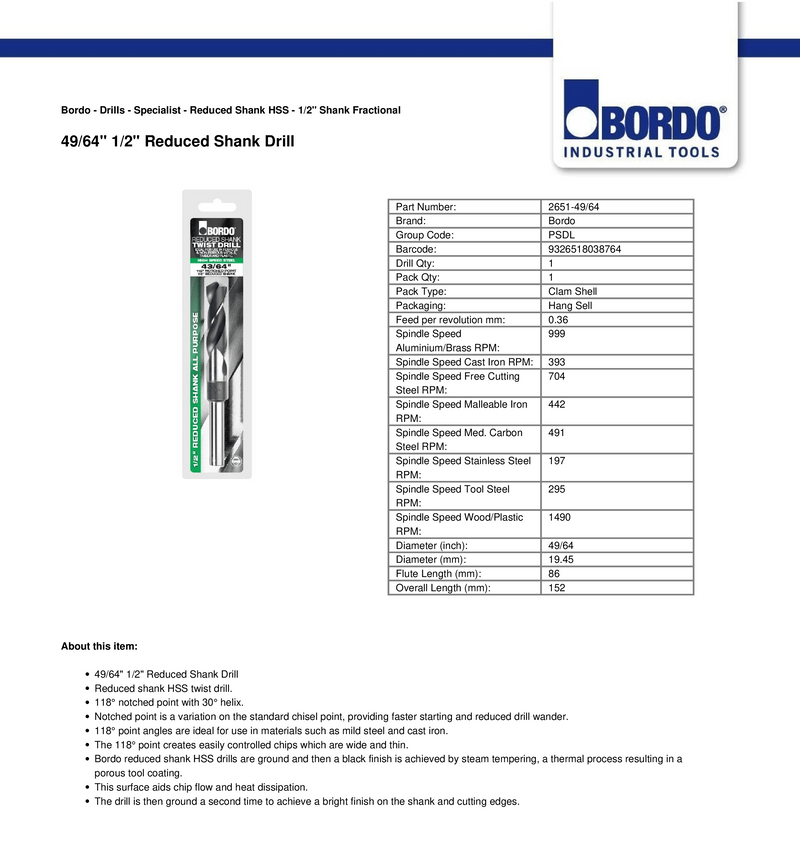 Catalog image showing a 49/64" reduced shank Bordo drill bit. The drill bit is clearly displayed with its smaller shank and larger cutting diameter, ideal for use in smaller chucks. The image highlights the high-quality construction and versatility of the Bordo drill bit for various materials