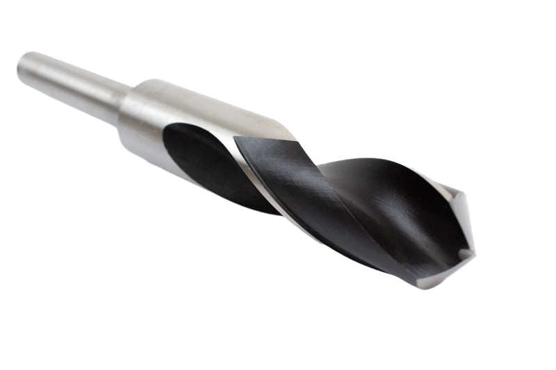 Angled view of a 55/64" HSS reduced shank drill bit, focusing on the sharp drill point and shank.