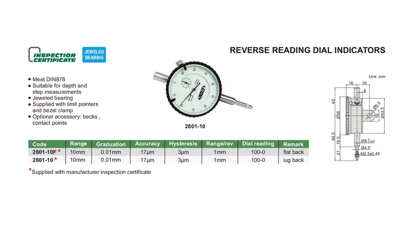 REVERSE READING DIAL INDICATOR | 0 - 10mm x 0.01mm | INSIZE 2801-10