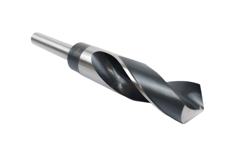 Angled view of a 59/64" HSS reduced shank drill bit, focusing on the sharp drill point and shank.