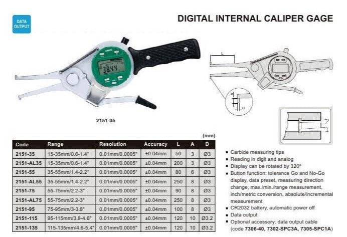 DIGITAL INTERNAL CALIPER GAUGE - INSIZE 2151-55 35-55mm / 1.4-2.2"