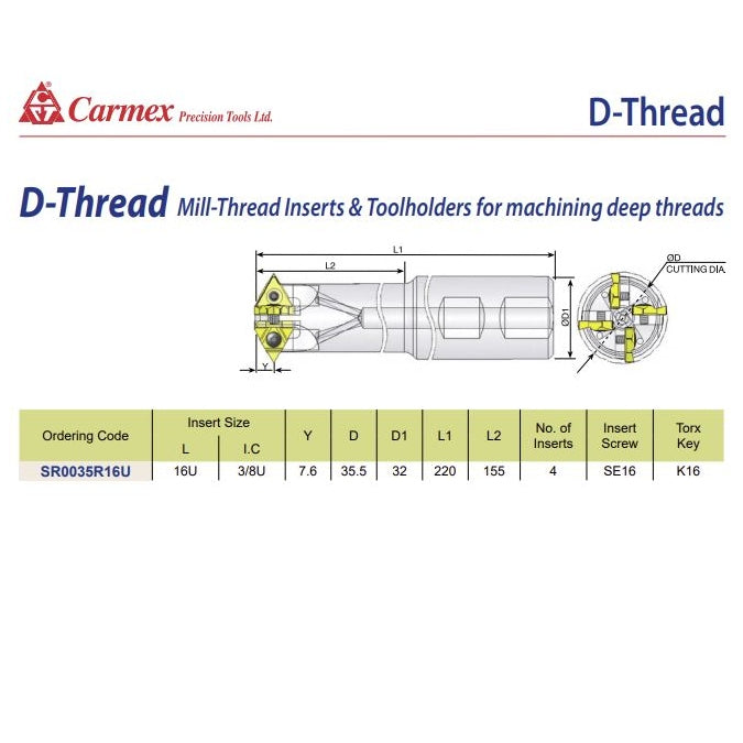 Carmex D-Thread Insert Toolholder 35mm Cut. SR0035R16U