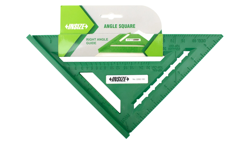 Precision plastic angle square, INSIZE 2282-180, with a 0-7 inch length range and 0-90 degree angle range, offering 1-degree and 1/8 inch graduations.