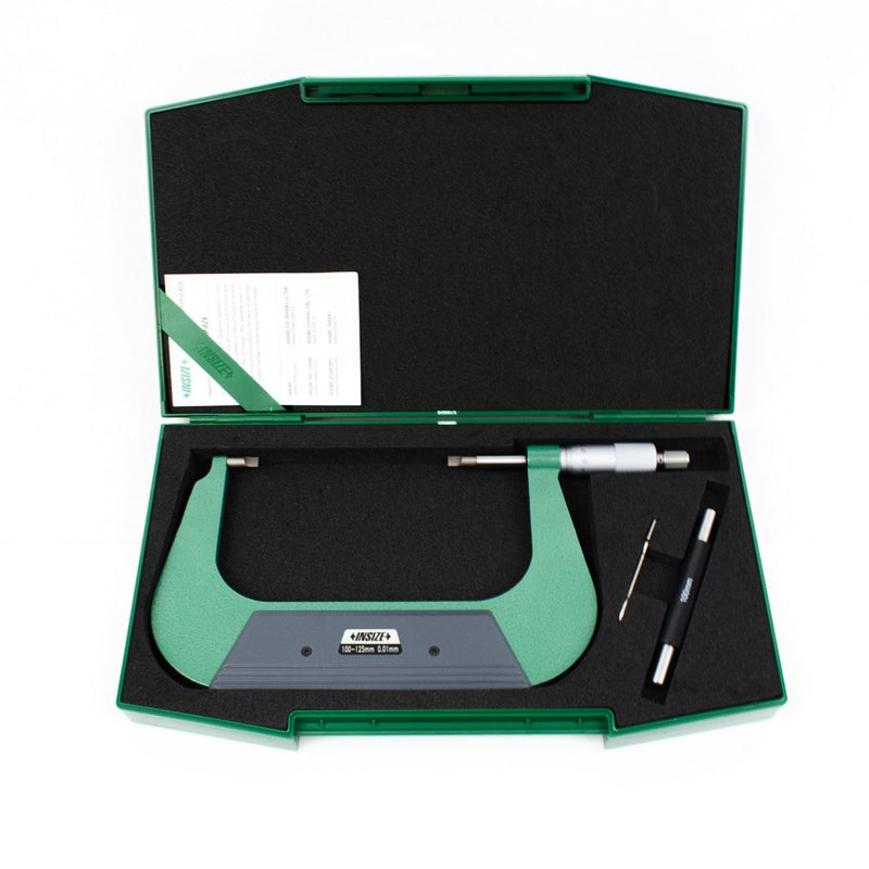 INSIZE 3232-125BA micrometer inside a protective case, ideal for precise groove diameter measurement of shafts and keyways.