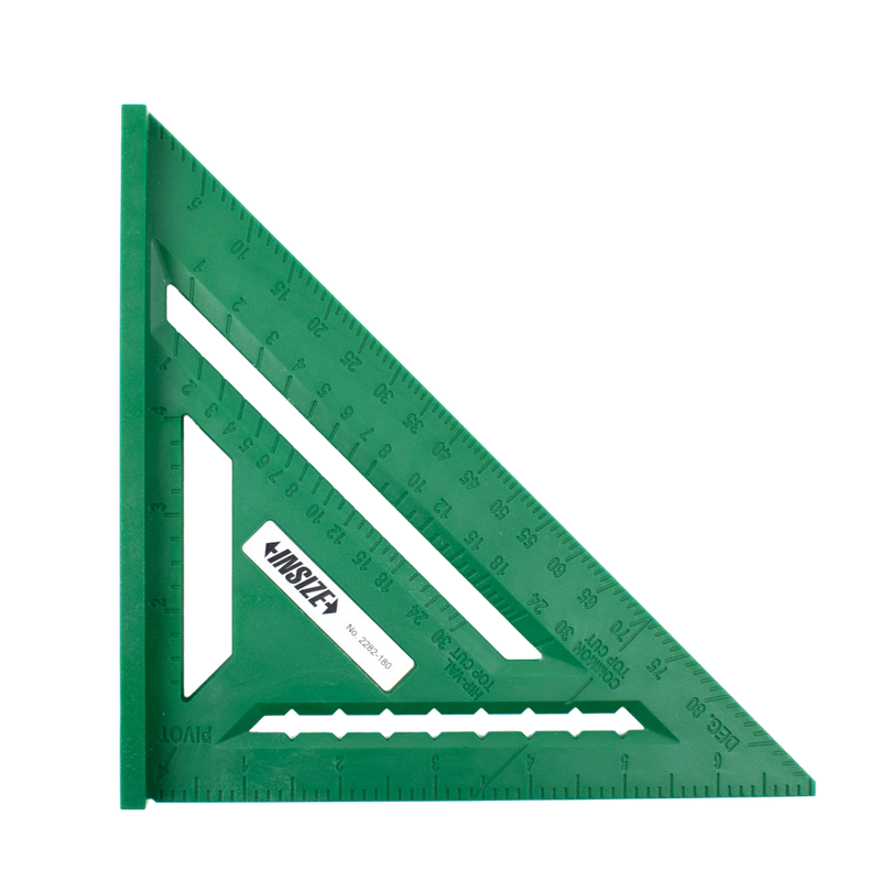 INSIZE 2282-180 plastic angle square with 0-90 degree angle range and 0-7 inch length range, featuring 1-degree and 1/8 inch graduations for precise measurements.