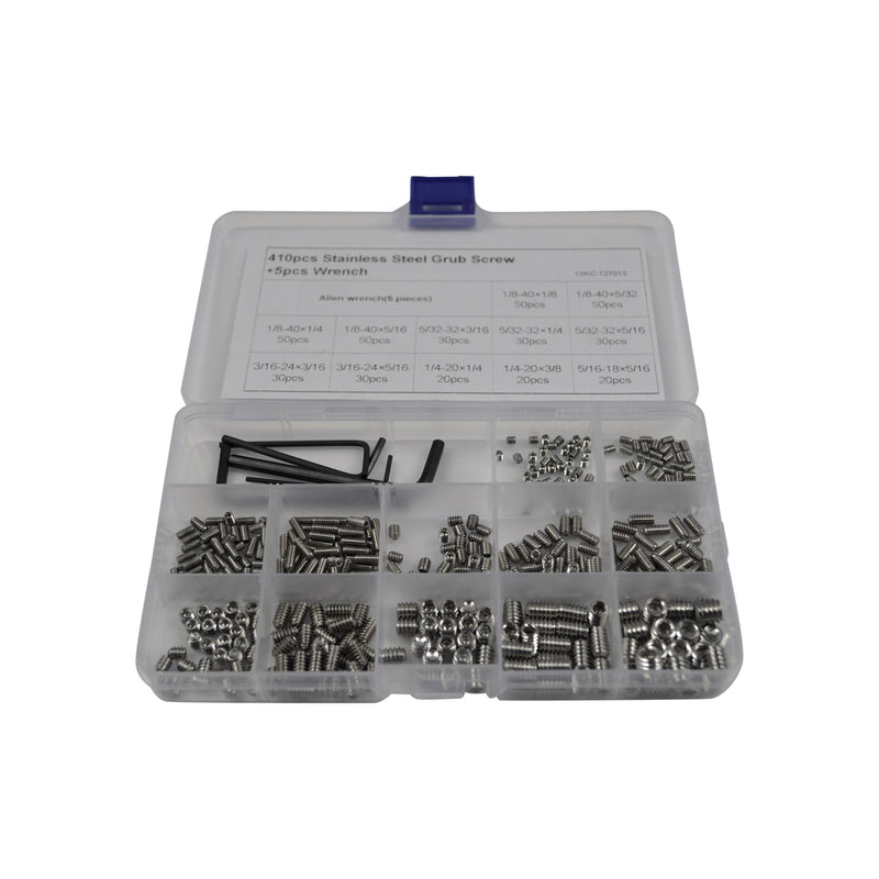 stainless steel imperial grub screws grab kit assortment 410piece 1/8 to 5/16 industrial fastners hardware screws bolts 