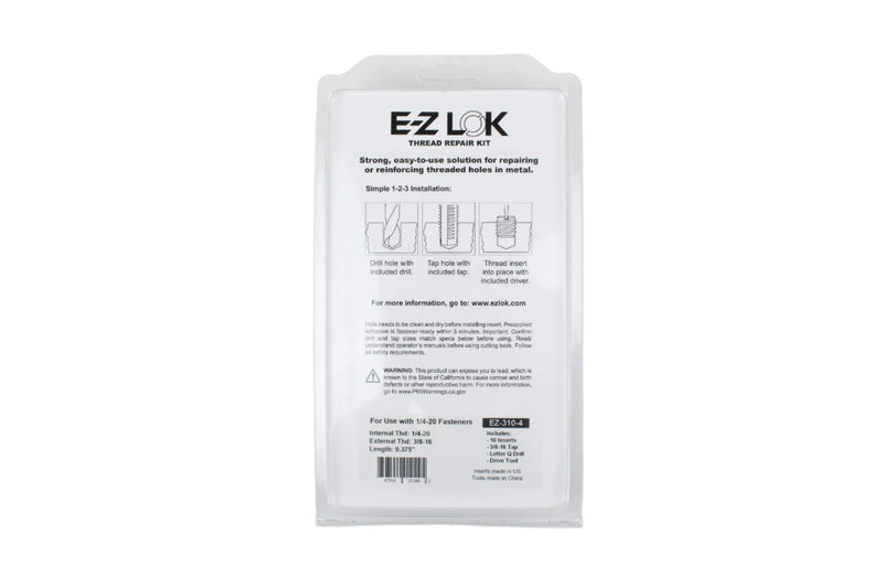 Detailed back instructions and specifications for the E-Z Lok 1/4 UNC Thread Repair Kit, including step-by-step installation guide, material details, and applications for repairing damaged threads in thin-walled materials.