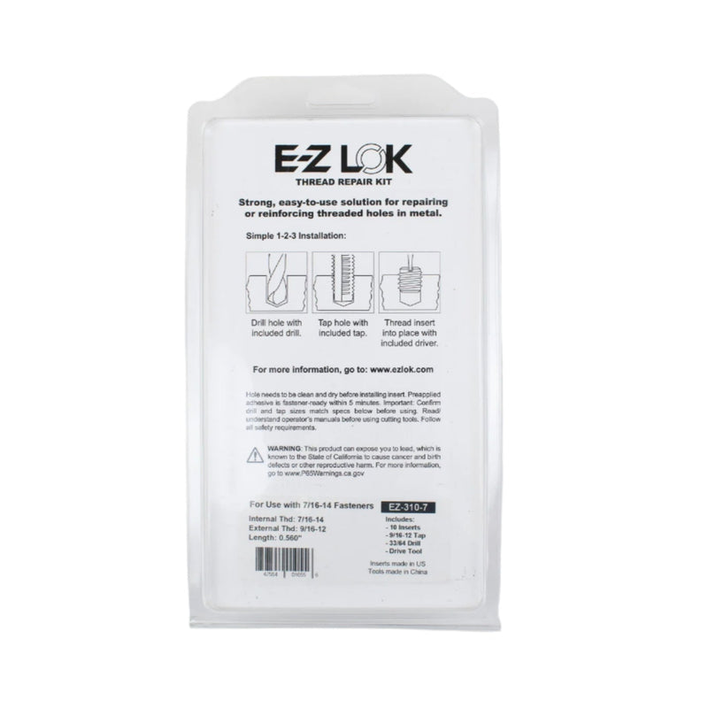 Detailed back instructions and specifications for the E-Z Lok 7/16 UNC Thread Repair Kit, including step-by-step installation guide, material details, and applications for repairing damaged threads in thin-walled materials