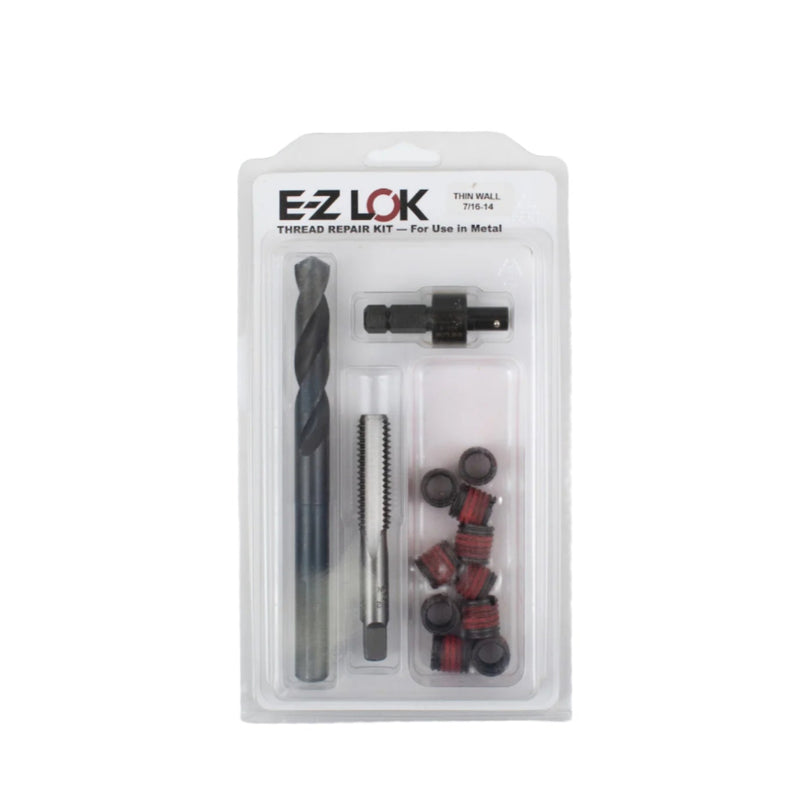 E-Z Lok 7/16 UNC Thread Repair Kit with precision tools and components for repairing damaged threads in thin-walled materials, ensuring strong and reliable fixes.