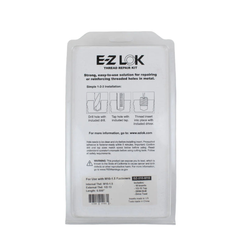 Detailed back instructions and specifications for the E-Z Lok M10 Thread Repair Kit, including step-by-step installation guide, material details, and applications for repairing damaged threads in thin-walled materials.