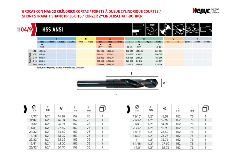 HEPYC 13/16" HSS reduced shank drill with a 1/2" shank, designed for precision drilling. Made from high-speed steel (HSS) for durability and performance, with a reduced shank for compatibility with 1/2" drill chucks.