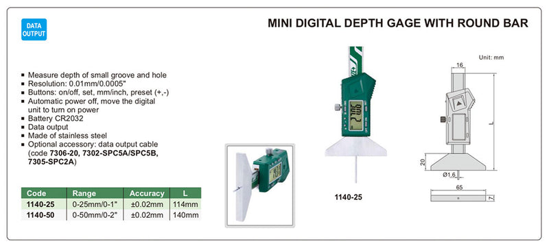 MINI DIGITAL DEPTH GAUGE WITH ROUND BAR - 1140-25