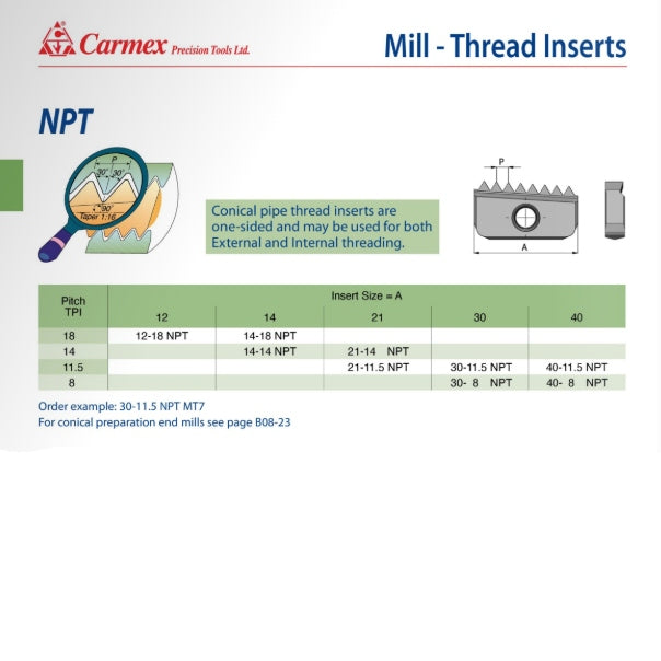 Carmex External and Internal NPT Threadmill Insert 18 TPI/ 12-18NPTMT7